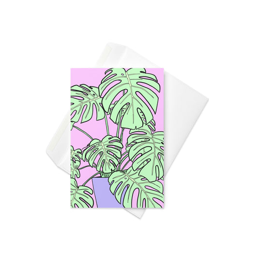 Abstract Cheese Plant Illustration Card – Green, Pink, and Purple Colorway (Blank Inside) - By The Moon