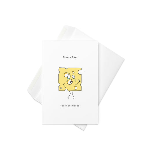 Gouda Bye – You'll Be Missed Farewell Card with Cute Cheese Character (Blank Inside) - By The Moon