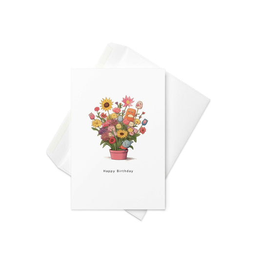 Happy Birthday Flower Pot Card – Colorful Floral Illustration with Cute Faces (Blank Inside) - By The Moon