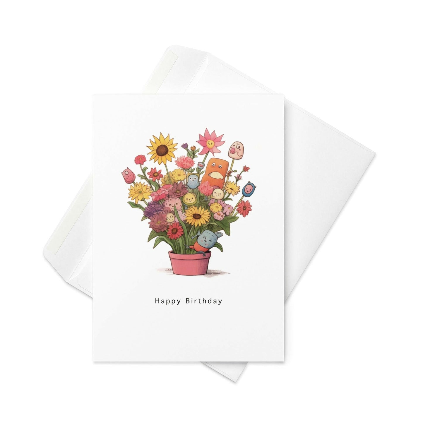Happy Birthday Flower Pot Card – Colorful Floral Illustration with Cute Faces (Blank Inside) - By The Moon