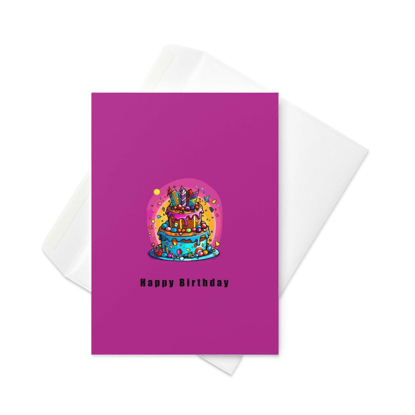 Happy Birthday Rainbow Cake Card – Colourful 3 - Tier Cake with Purple Background (Blank Inside) - By The Moon